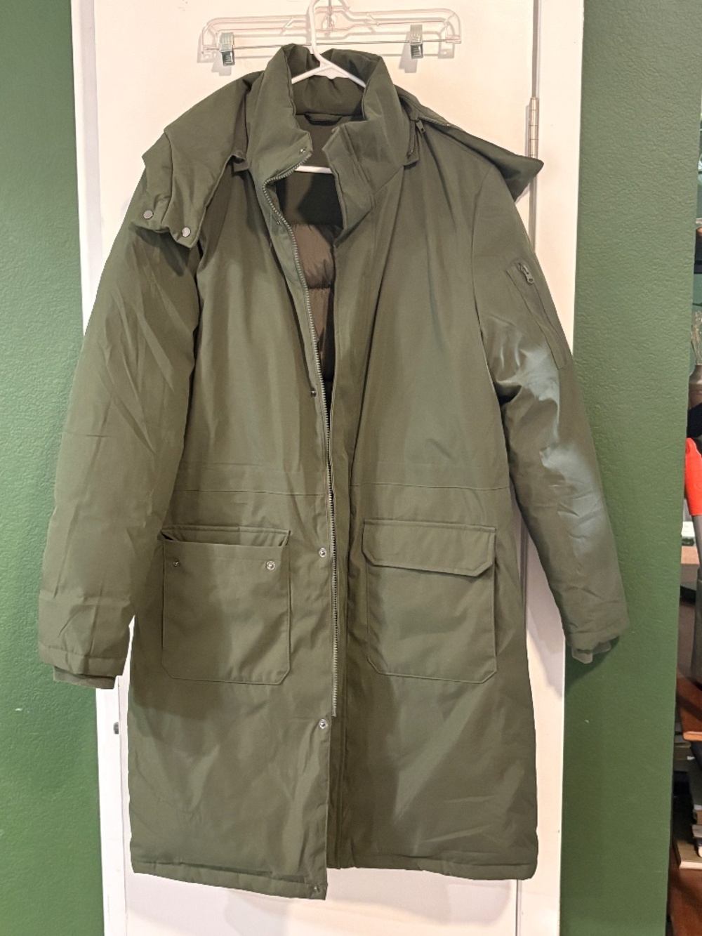 Olive Green Hooded Long Puffer Parka Jacket Backpack Straps Medium